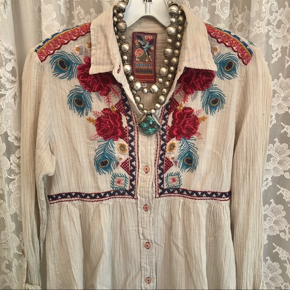 JOHNNY WAS * Floral Peacock Feather Collar Button Front Shirt - Picture 2 of 4